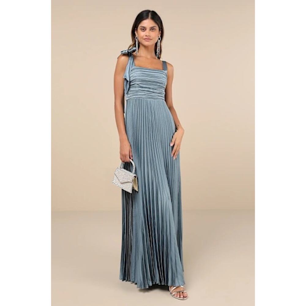 NWT Lulus Blue Gorgeous Purpose Slate Satin Pleated Sleeveless Bow Maxi Dress S